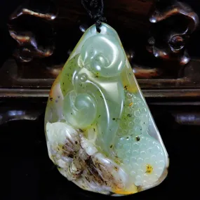 100% Natural Hand-Carved Jade Pendant Jadeite Necklace Butterfly & Ruyi