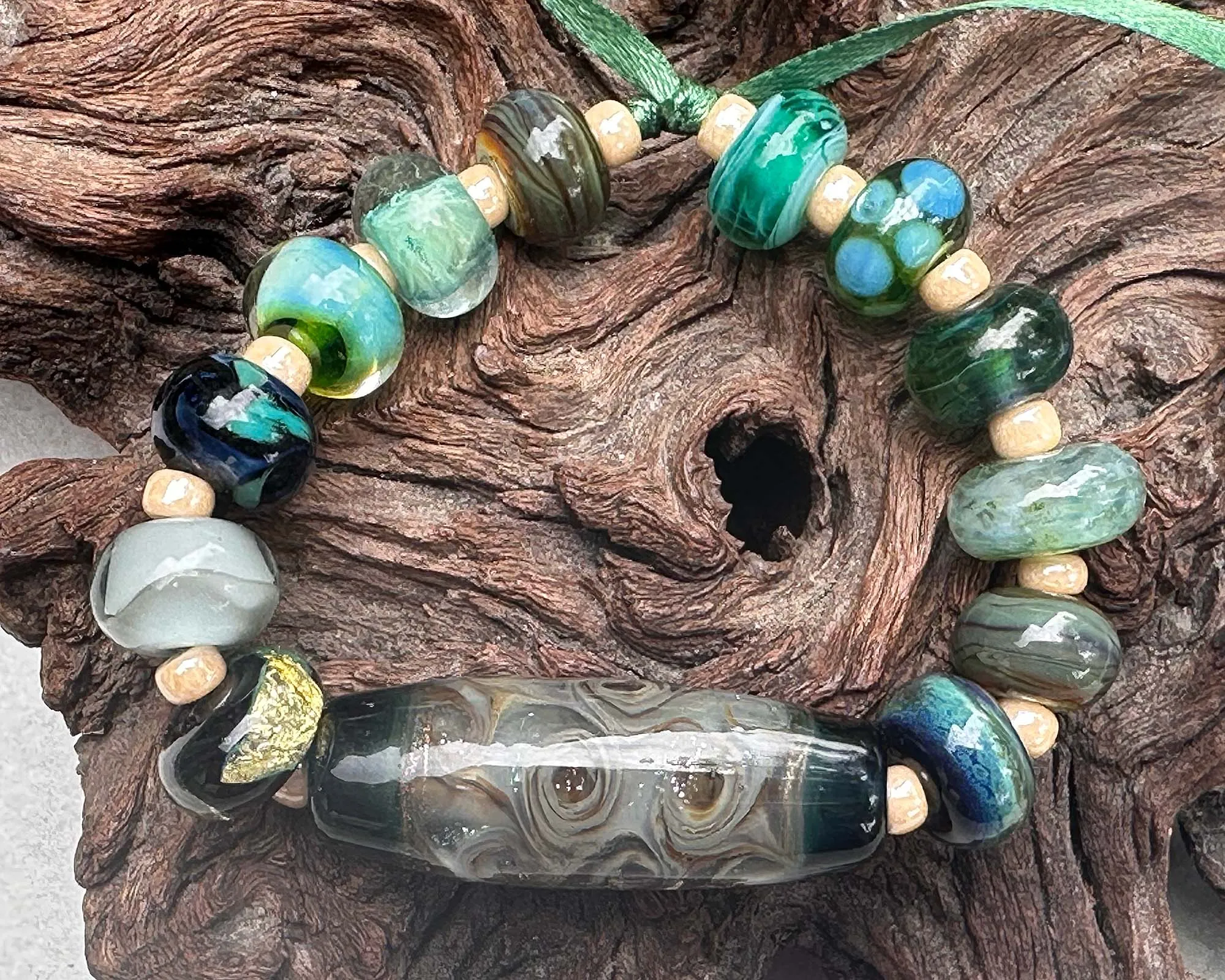 13 Handmade Green Orphan Mixed Lampwork Beads SRA