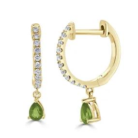 14K Gold Peridot & Diamond Dangle Huggie Earrings