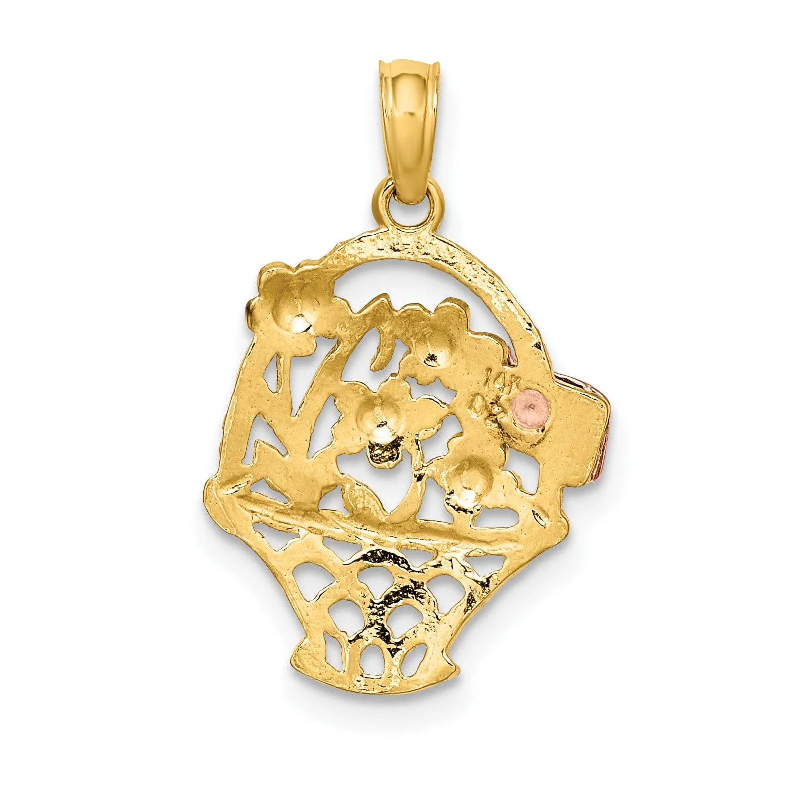 14k Tri-Color Gold Rhodium Plated Textured Open Back Solid Polished Finish Flower Basket with I LOVE YOU Charm Pendant