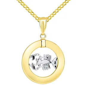 14k Two Tone Gold Open Circle Cancer Zodiac Sign Pendant Cuban Necklace