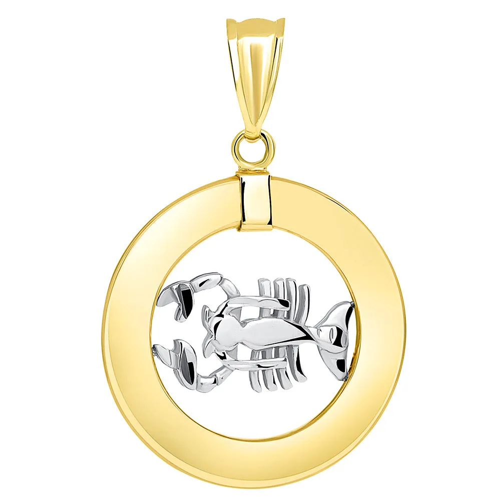 14k Two Tone Gold Open Circle Cancer Zodiac Sign Pendant Cuban Necklace