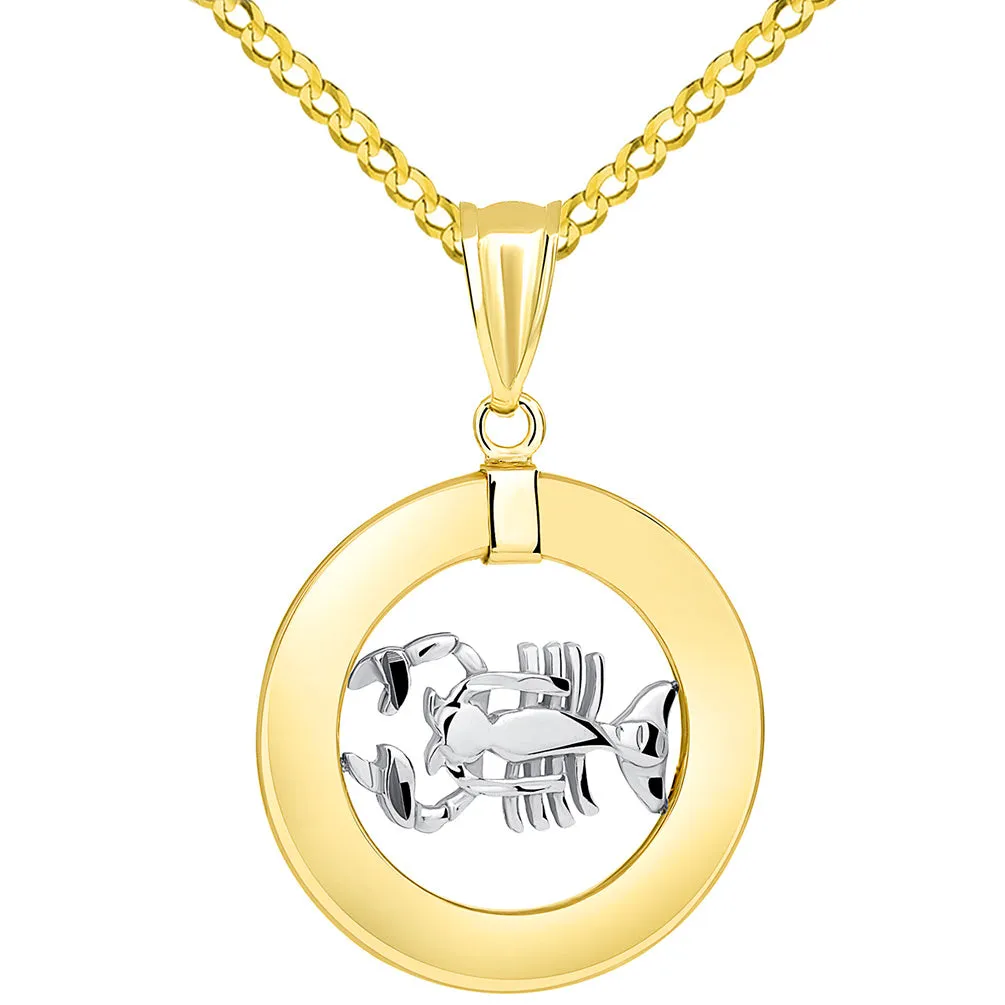 14k Two Tone Gold Open Circle Cancer Zodiac Sign Pendant Cuban Necklace