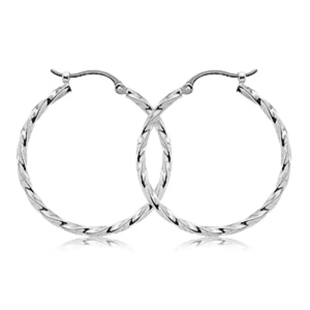 14k White Gold Twisted Hoop Earrings