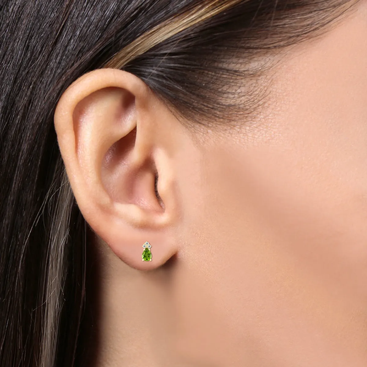 14K Yellow Gold 6X4Mm Pear Peridot And Three Stone Diamond Earrings