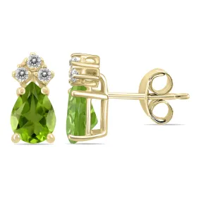 14K Yellow Gold 6X4Mm Pear Peridot And Three Stone Diamond Earrings