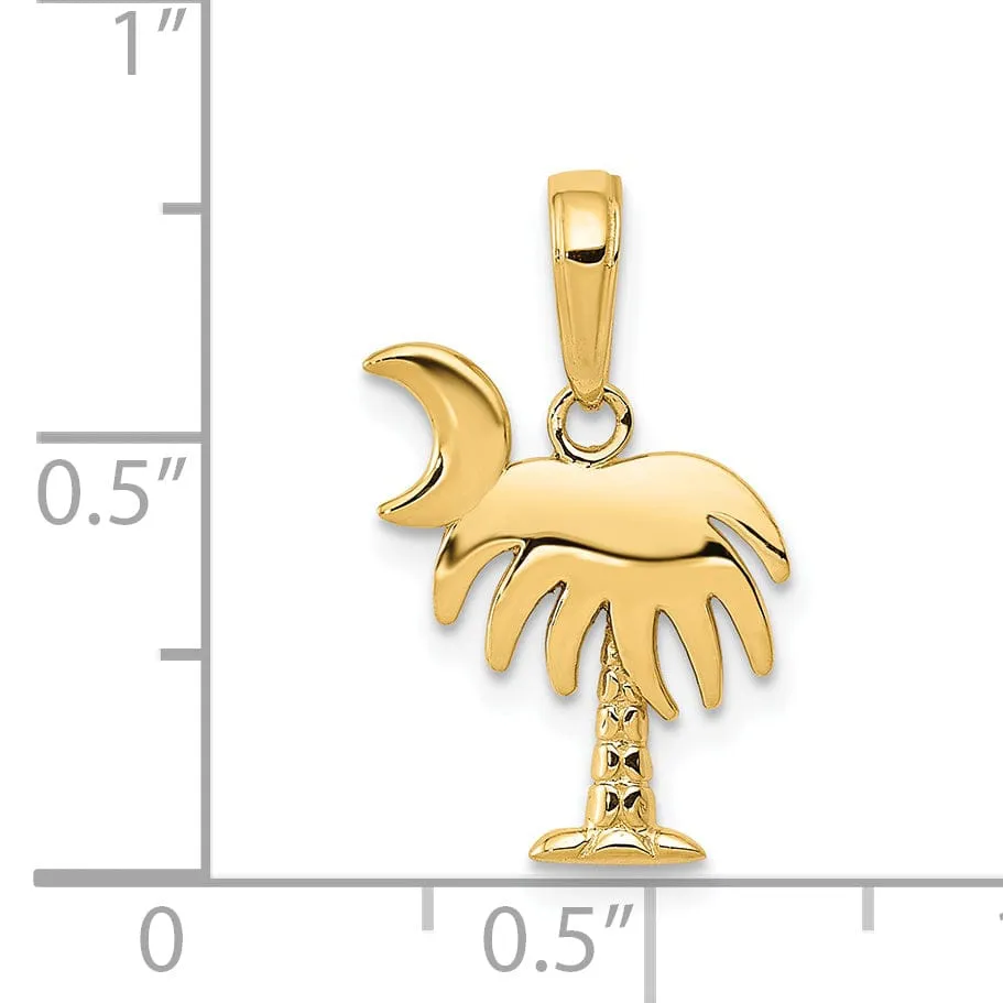 14K Yellow Gold Polished Charleston Palm Tree with Moon Design Pendant