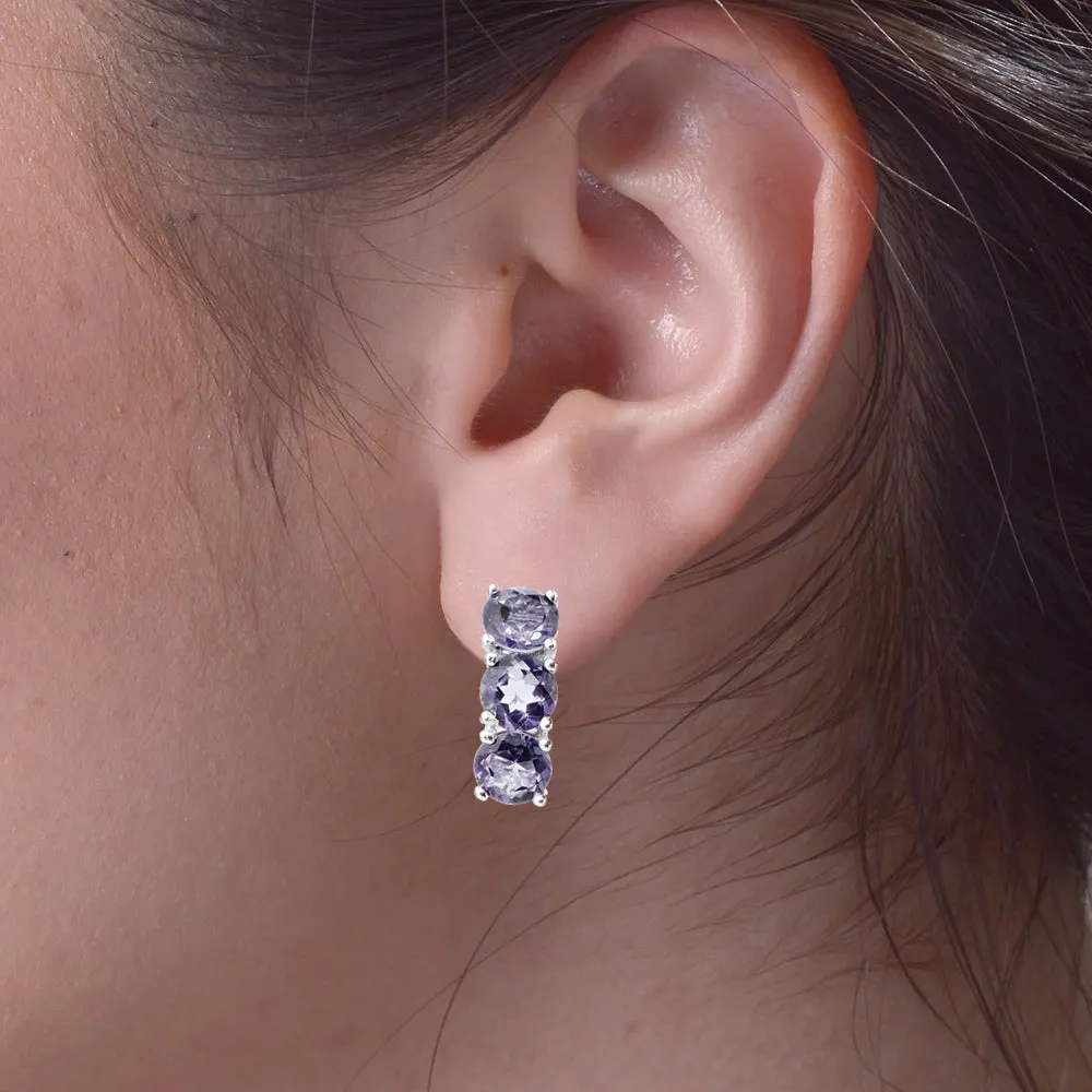 1.75 cttw 3 Stone Purple Amethyst Dangle Earrings .925 Sterling Silver Rhodium