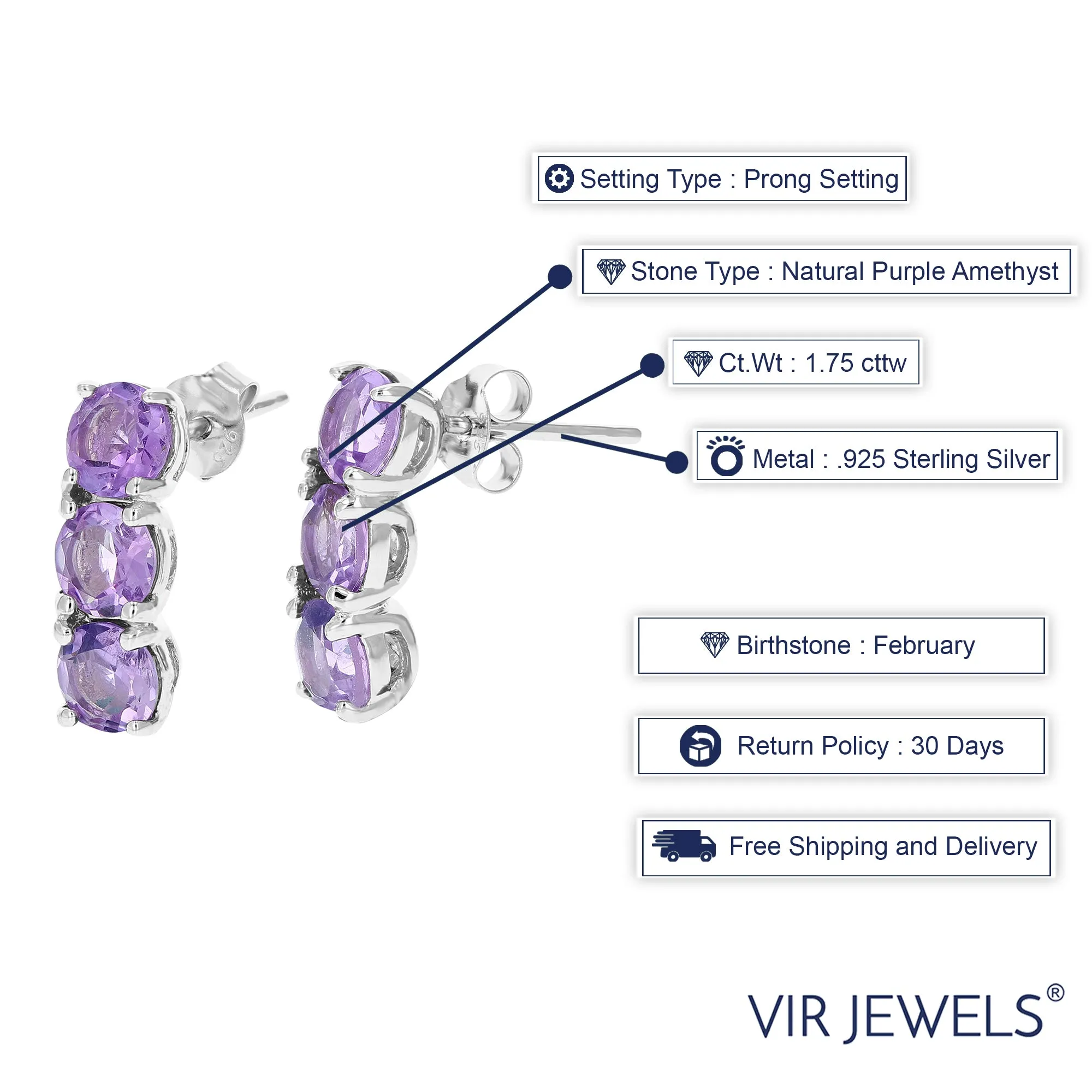1.75 cttw 3 Stone Purple Amethyst Dangle Earrings .925 Sterling Silver Rhodium