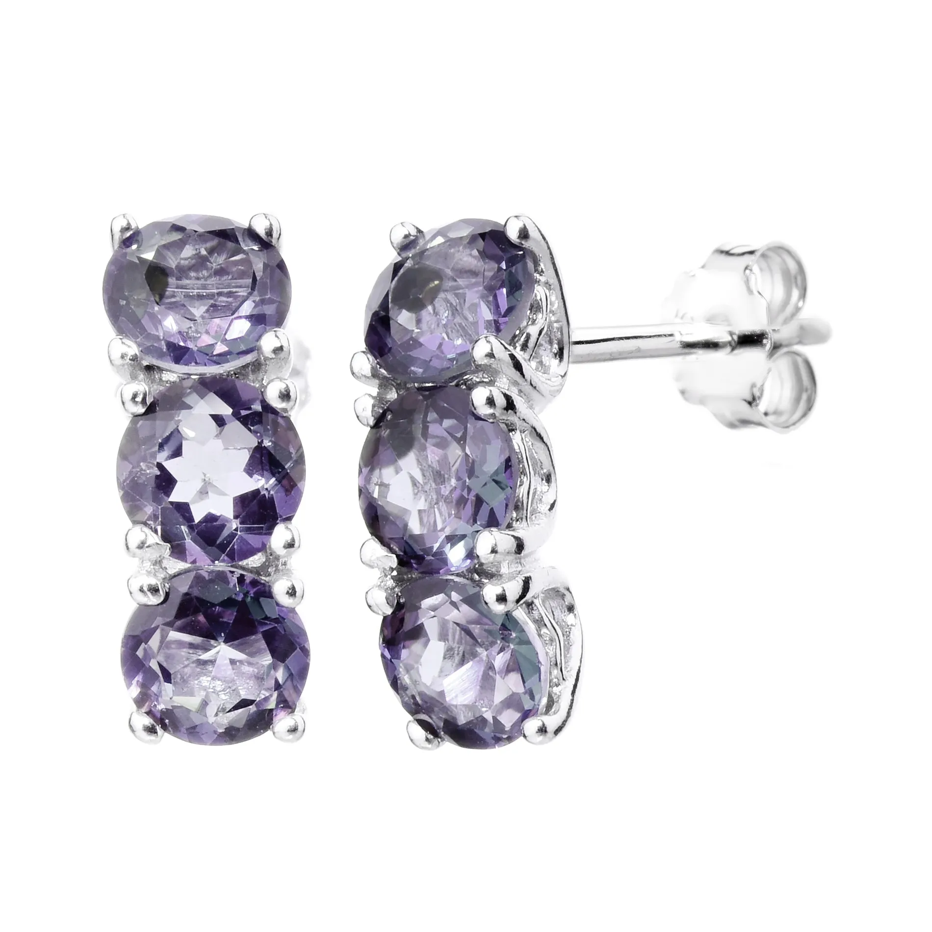 1.75 cttw 3 Stone Purple Amethyst Dangle Earrings .925 Sterling Silver Rhodium