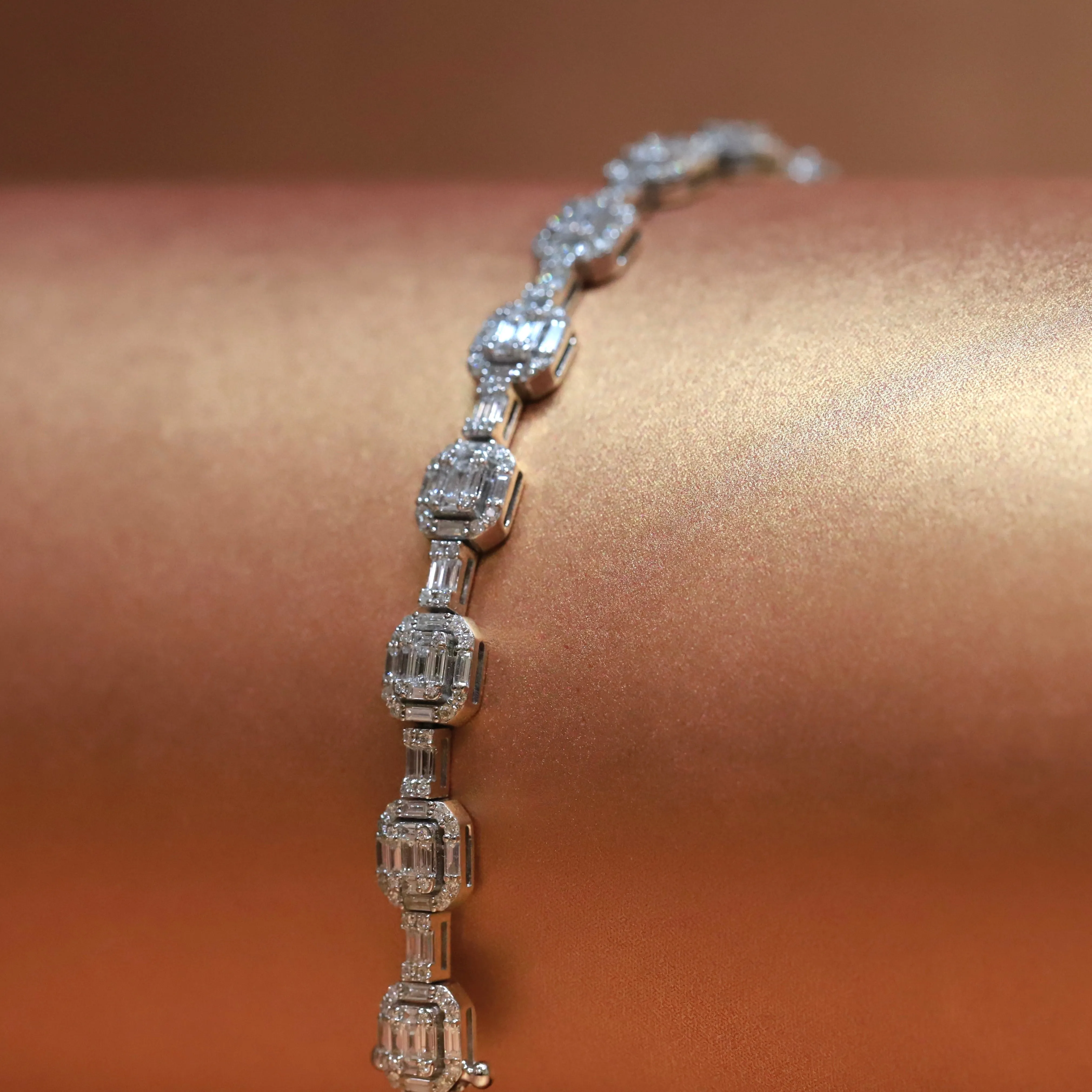 18ct White Gold Diamond Bracelet - Baguette Cut Diamonds in Emerald Shape halo setting