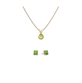 18K Rose Gold 4ct Peridot Round 18 Inch Necklace and Square Earrings Set Plated