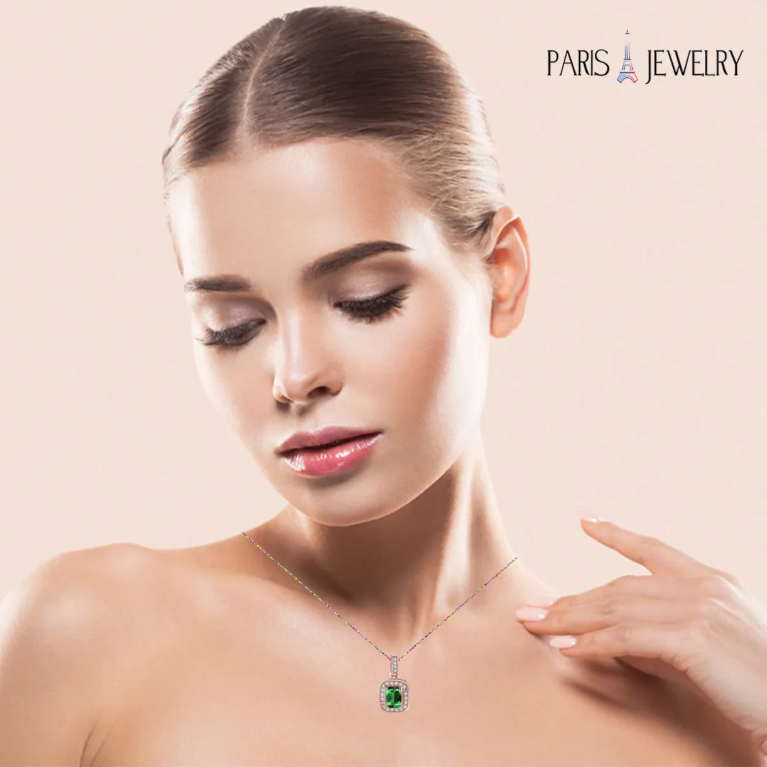 18K Rose Gold Created Emerald Princess Halo Pendant Necklace, Earrings and Tennis Bracelet Jewelry Set Plated