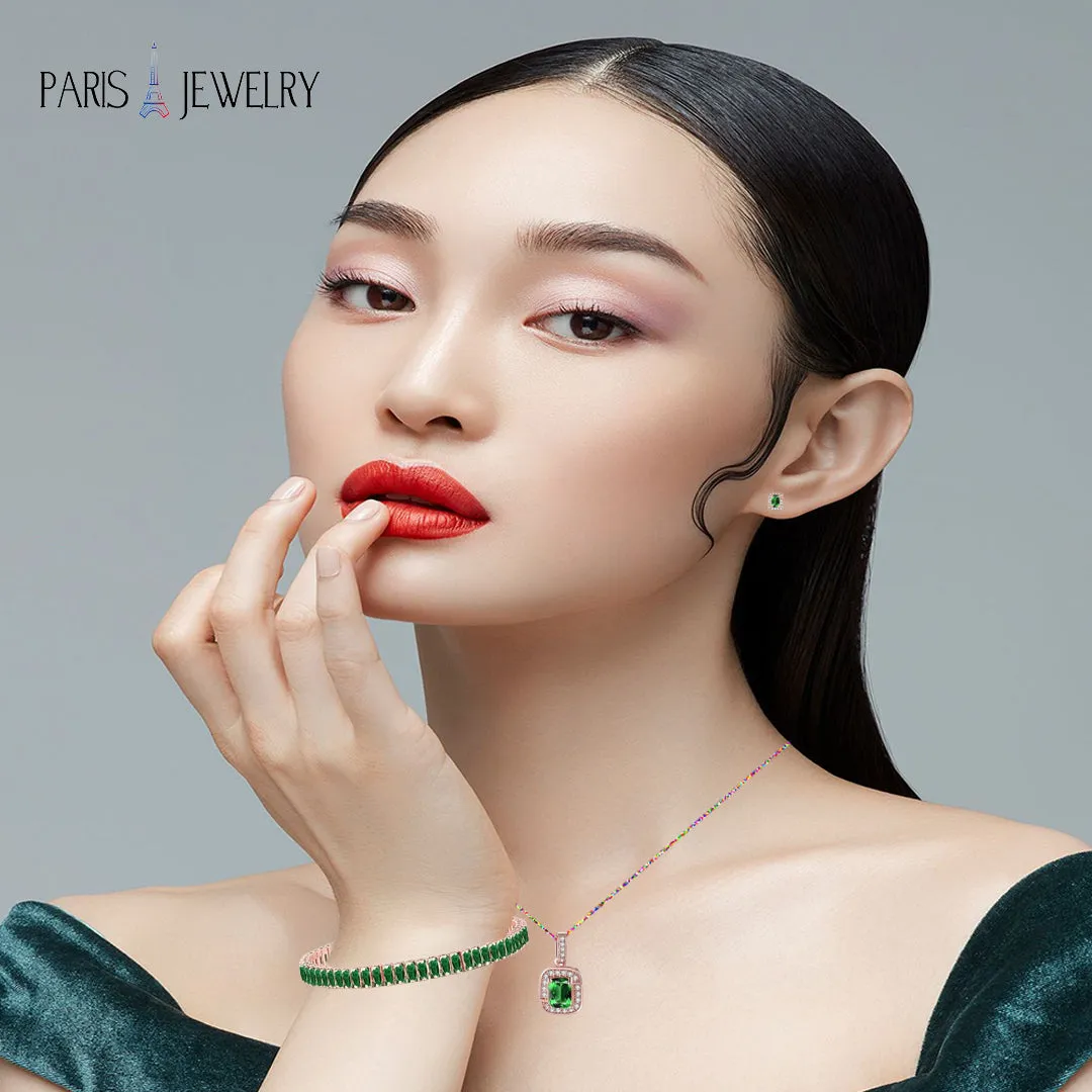18K Rose Gold Created Emerald Princess Halo Pendant Necklace, Earrings and Tennis Bracelet Jewelry Set Plated