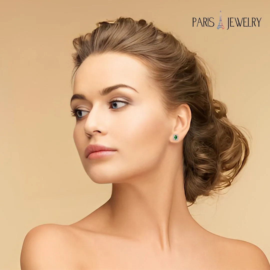 18K Rose Gold Created Emerald Princess Halo Pendant Necklace, Earrings and Tennis Bracelet Jewelry Set Plated