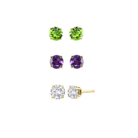 18k Yellow Gold Plated 1Ct Created Peridot, Amethyst and White Sapphire 3 Pair Round Stud Earrings