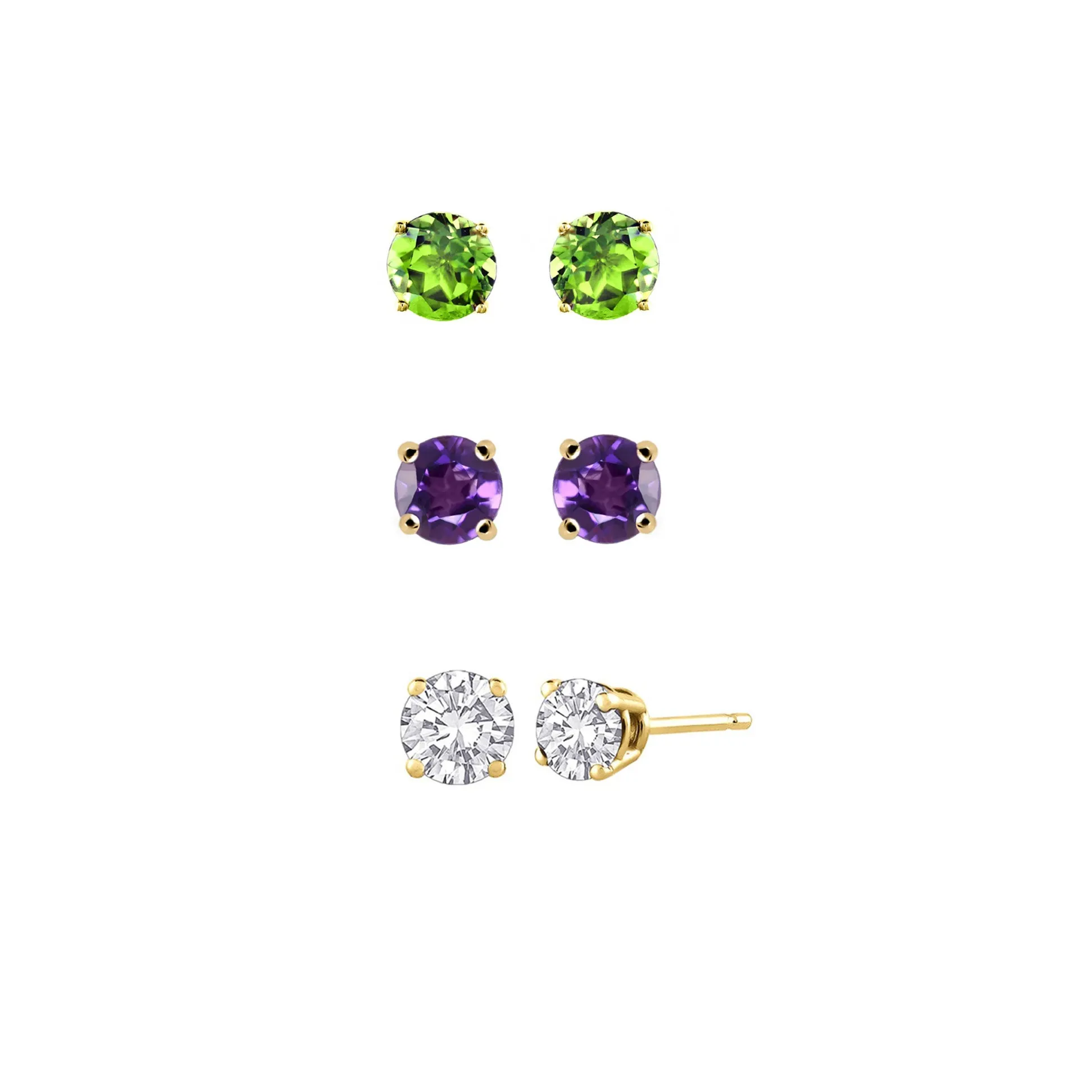18k Yellow Gold Plated 1Ct Created Peridot, Amethyst and White Sapphire 3 Pair Round Stud Earrings