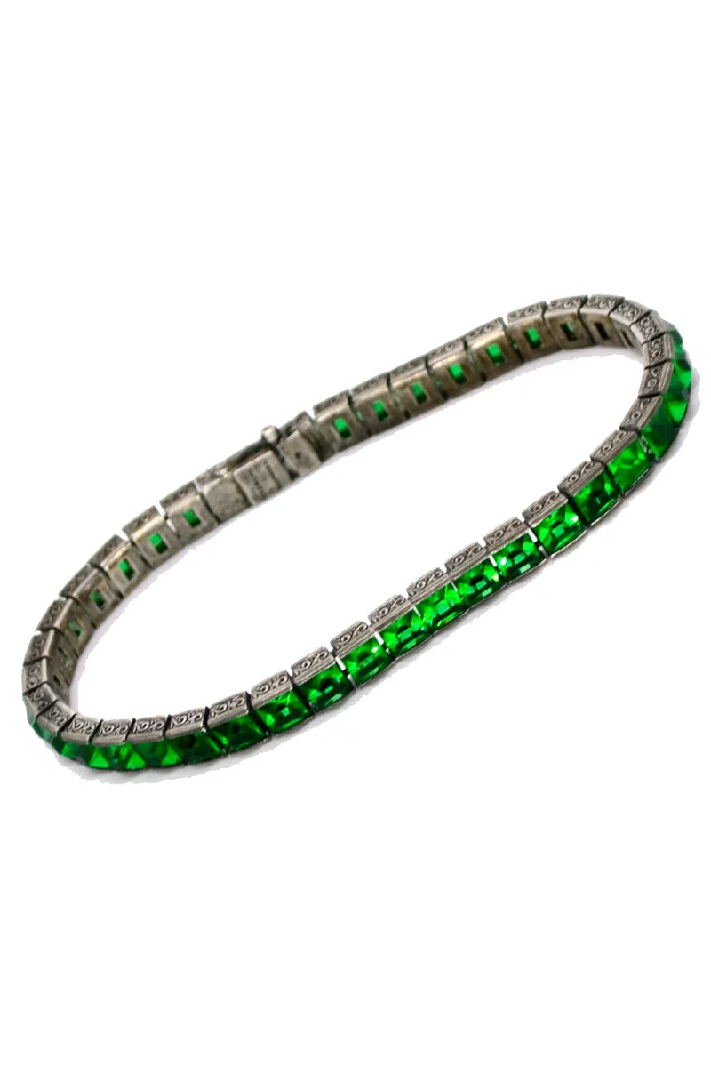 1920s Art Deco Wachenheimer Bros Diamonbar Green Sterling Silver Bracelet