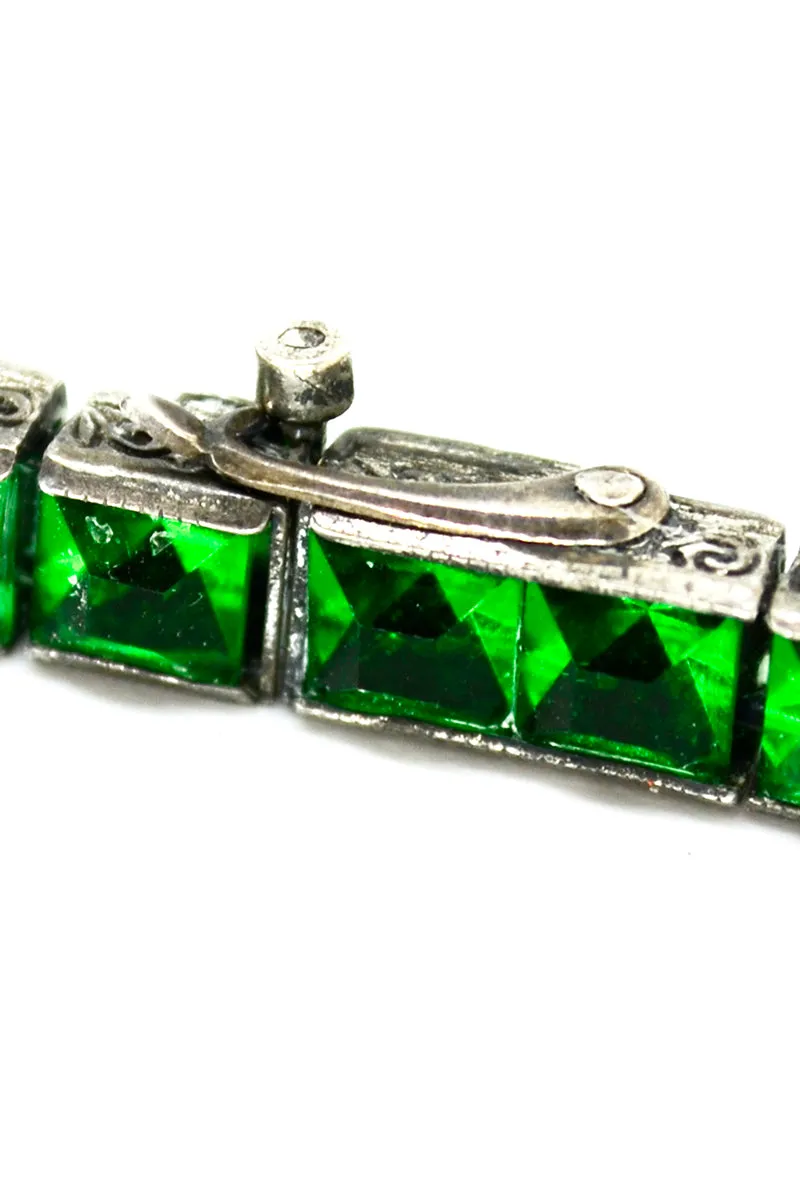1920s Art Deco Wachenheimer Bros Diamonbar Green Sterling Silver Bracelet