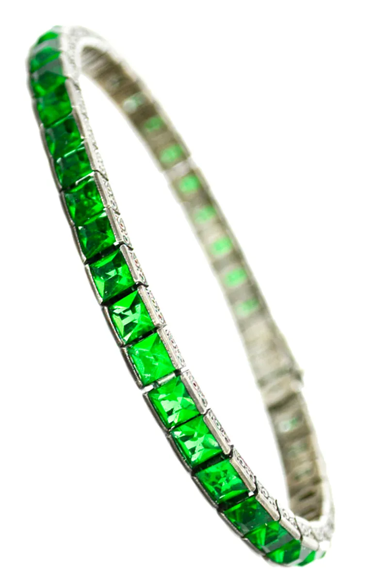 1920s Art Deco Wachenheimer Bros Diamonbar Green Sterling Silver Bracelet