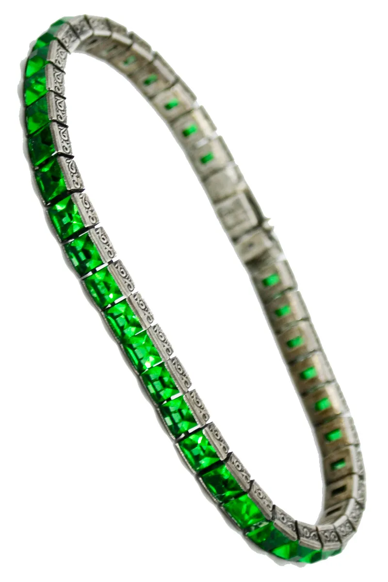 1920s Art Deco Wachenheimer Bros Diamonbar Green Sterling Silver Bracelet