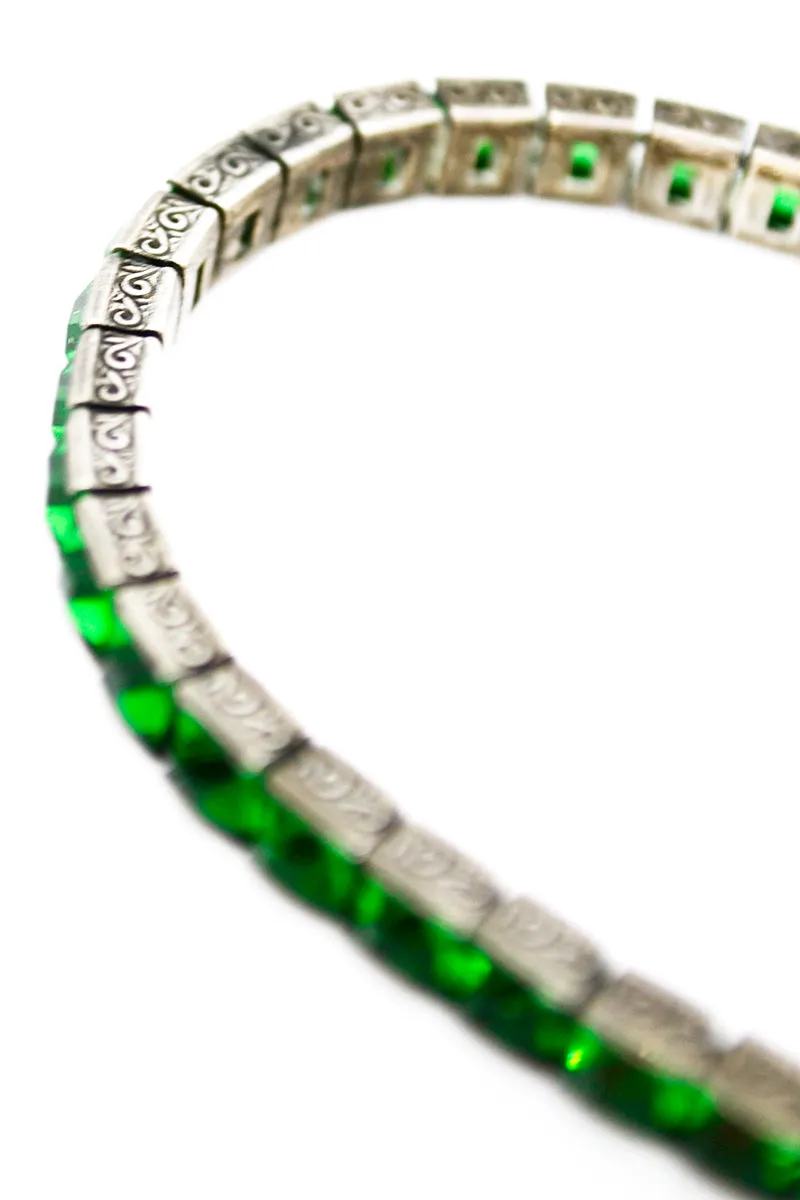 1920s Art Deco Wachenheimer Bros Diamonbar Green Sterling Silver Bracelet