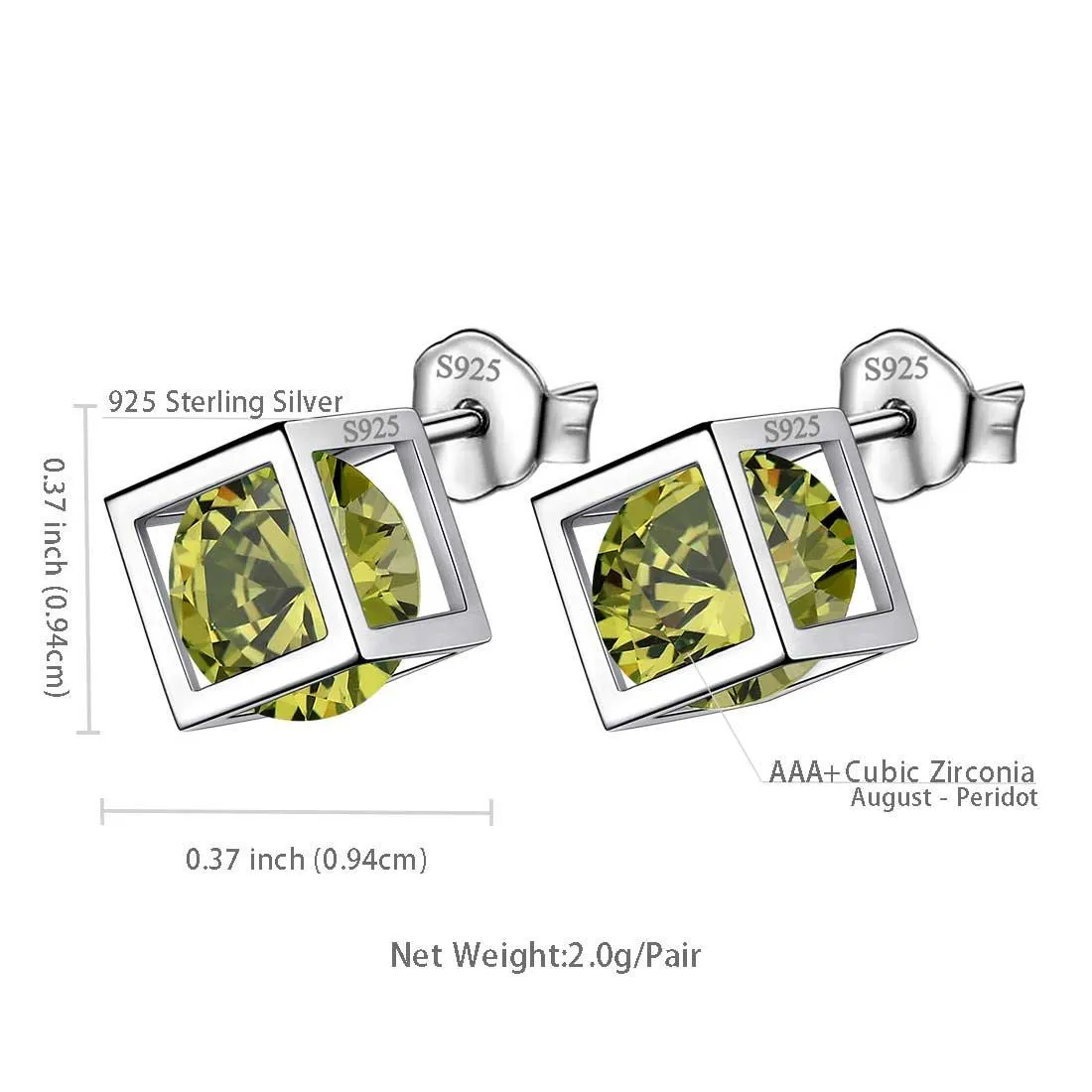 3D Cube Birthstone August Peridot Earrings Stud Women Girls Jewelry Birthday Gift Sterling Silver