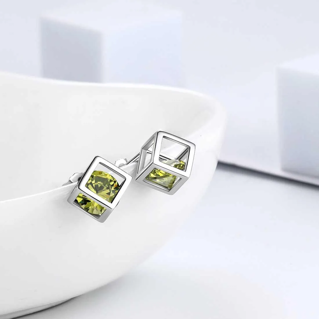 3D Cube Birthstone August Peridot Earrings Stud Women Girls Jewelry Birthday Gift Sterling Silver
