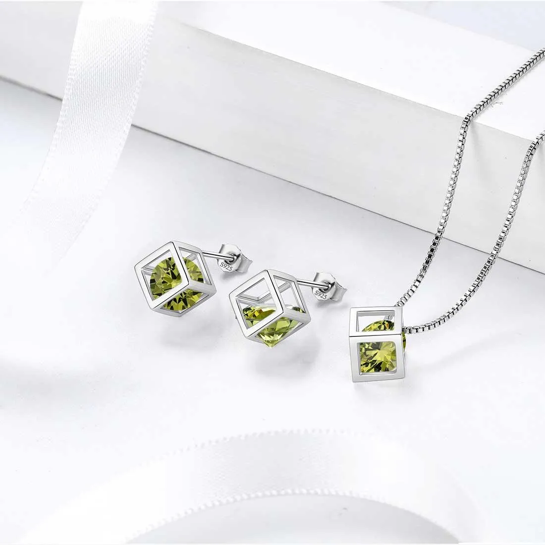 3D Cube Birthstone August Peridot Earrings Stud Women Girls Jewelry Birthday Gift Sterling Silver