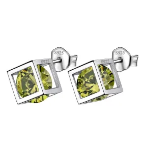 3D Cube Birthstone August Peridot Earrings Stud Women Girls Jewelry Birthday Gift Sterling Silver
