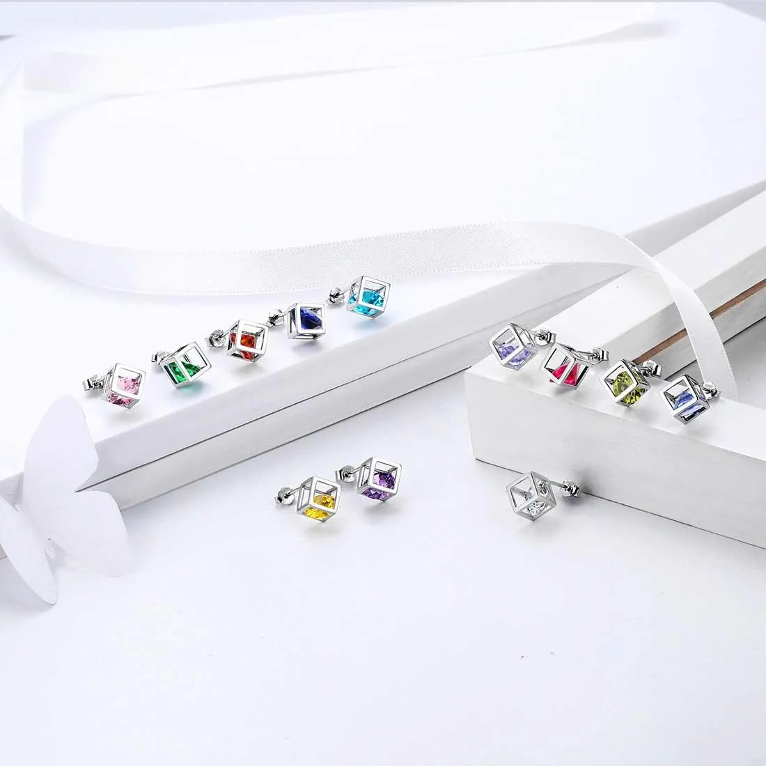 3D Cube Birthstone August Peridot Earrings Stud Women Girls Jewelry Birthday Gift Sterling Silver