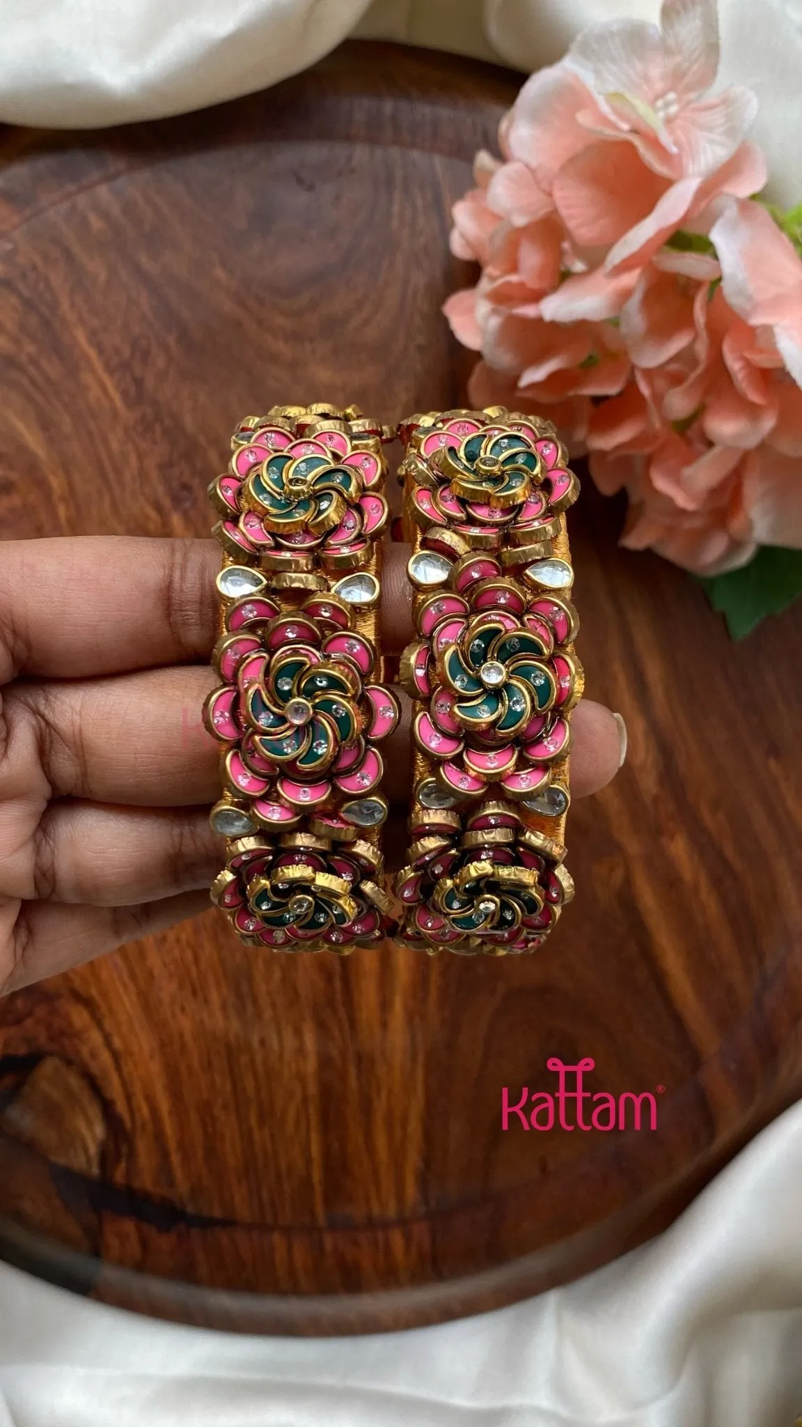 3D Kundan Rose Bangle Set - Pink