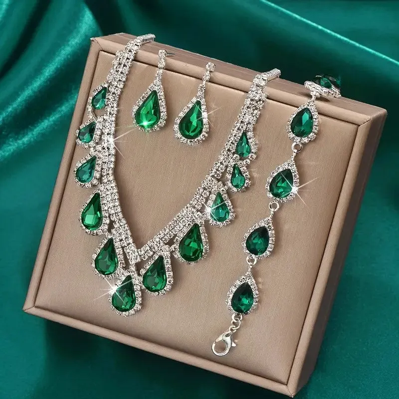 4pcs SILVER Emerald Green Jewelry Set l Rhinestone Earrings l Necklace l Bracelet l Prom l Wedding JS-929