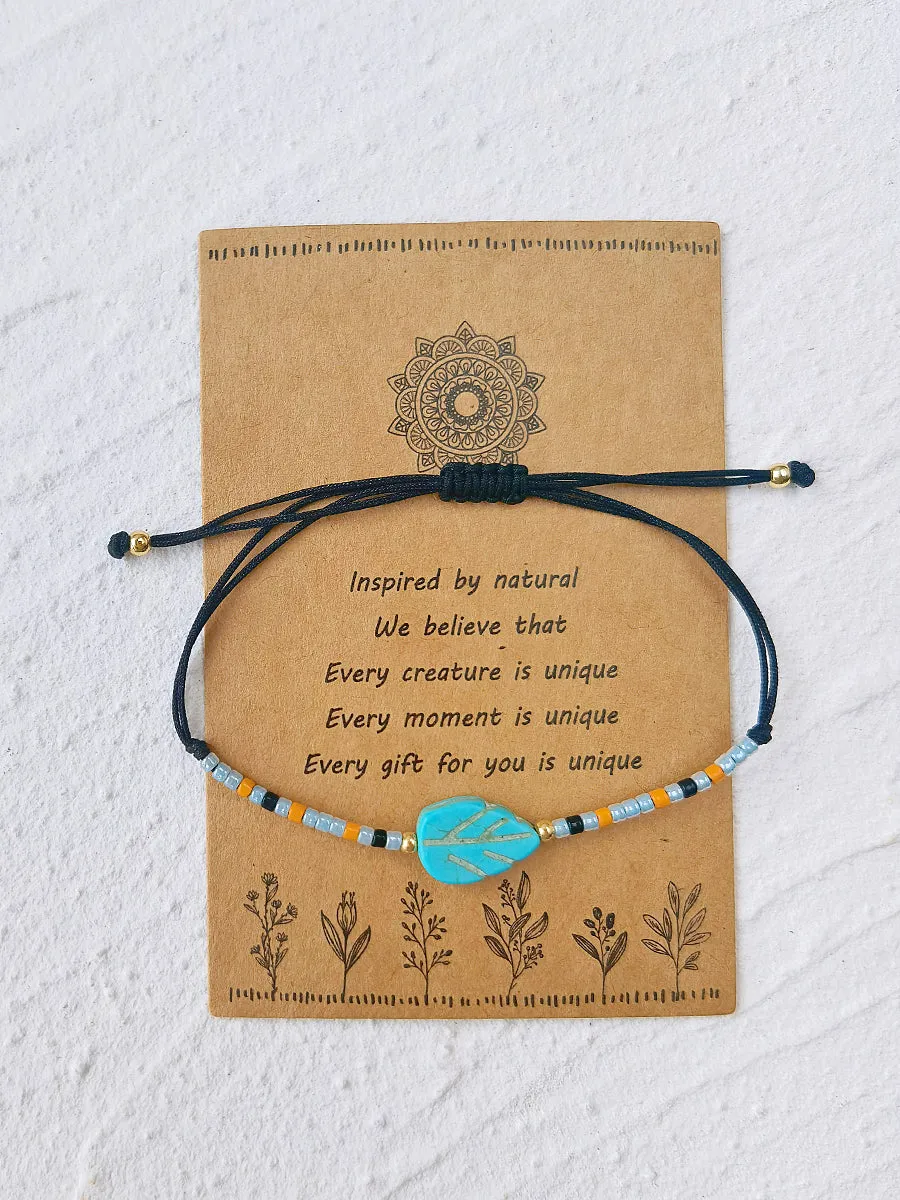 Adjustable Drawstring Beaded Bracelet Turquoise Maple Leaf