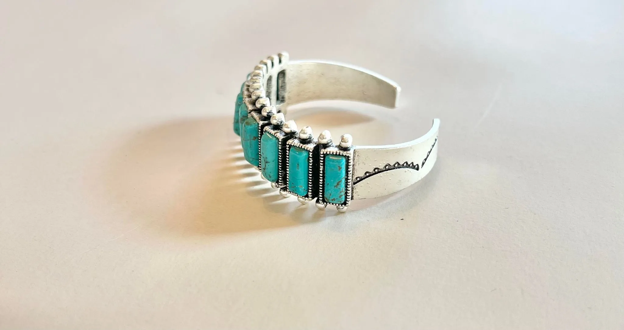 Adjustable Stamped Silver & Turquoise Bracelet Cuff