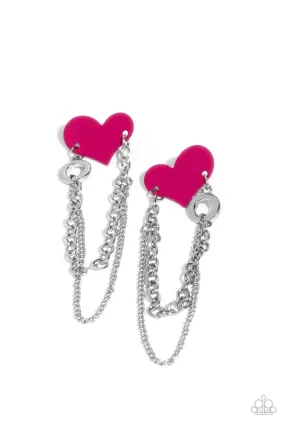 Altered Affection - Pink - Painted Heart Looped Chain Paparazzi Post Earrings