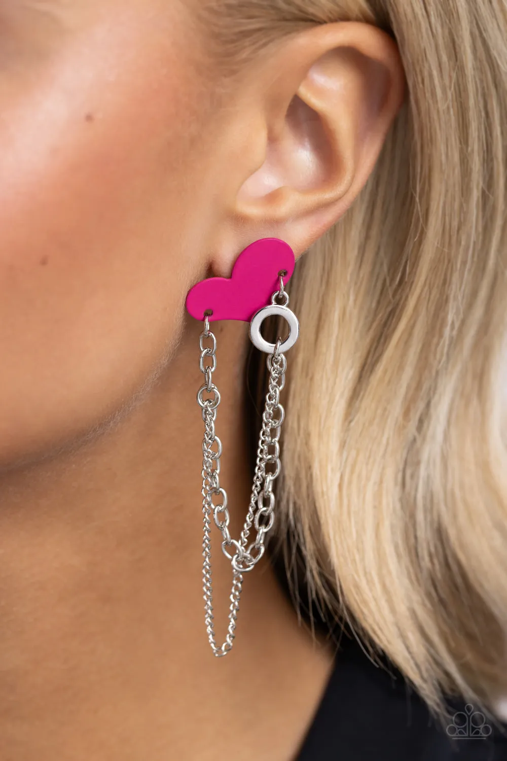 Altered Affection - Pink - Painted Heart Looped Chain Paparazzi Post Earrings