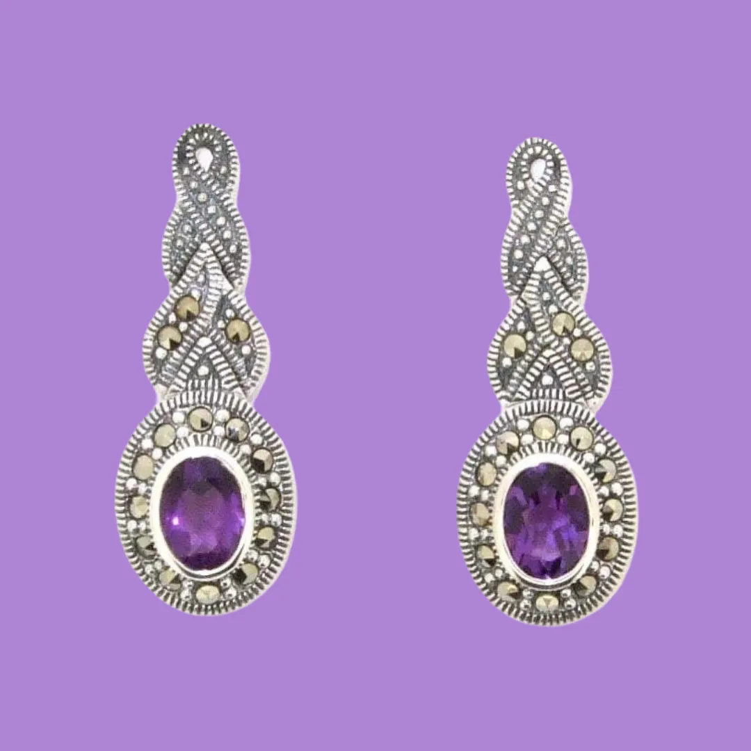 Amethyst silver Marcasite plait oval Earrings