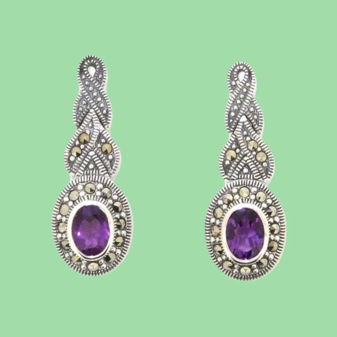 Amethyst silver Marcasite plait oval Earrings