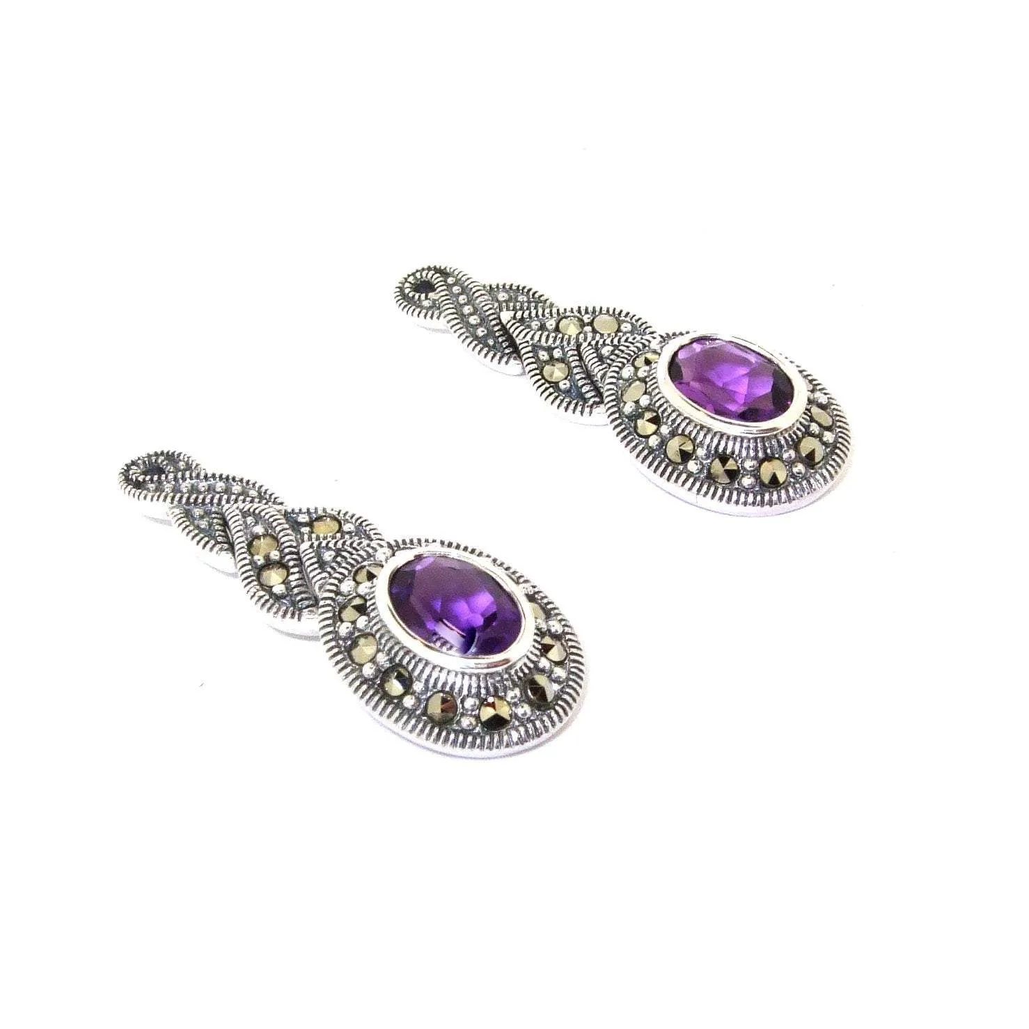 Amethyst silver Marcasite plait oval Earrings