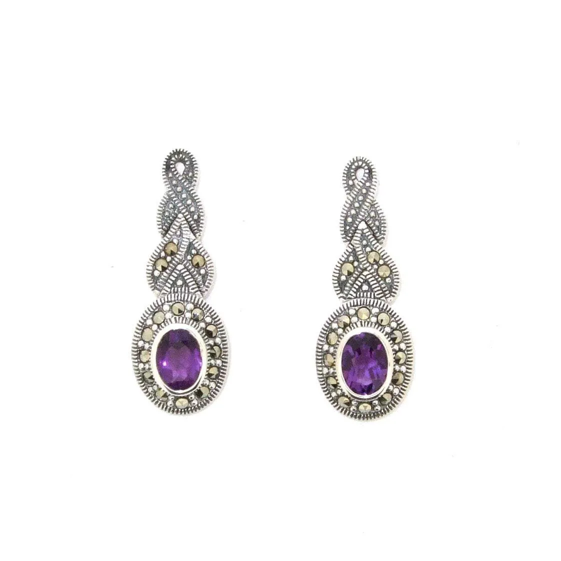 Amethyst silver Marcasite plait oval Earrings