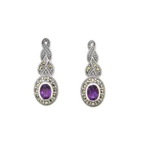 Amethyst silver Marcasite plait oval Earrings