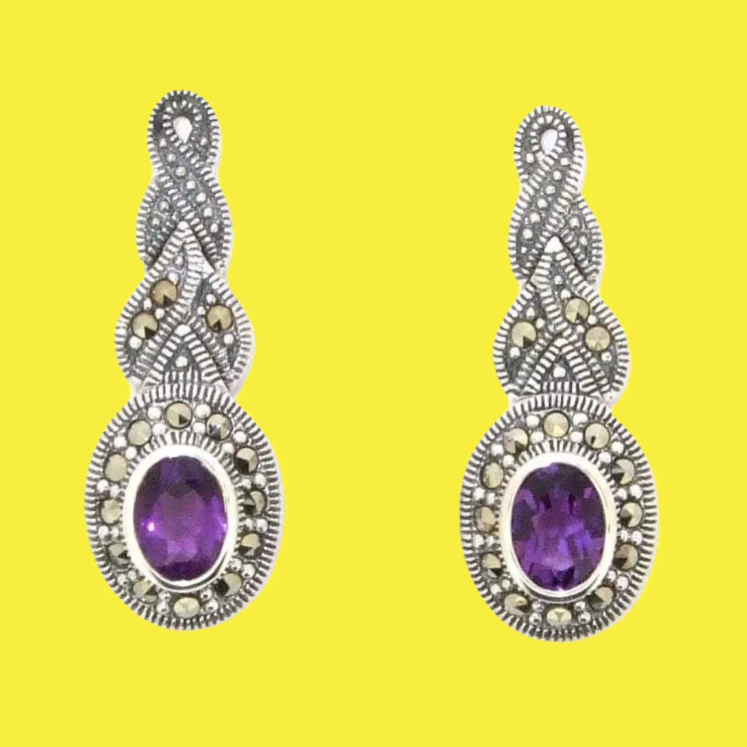 Amethyst silver Marcasite plait oval Earrings
