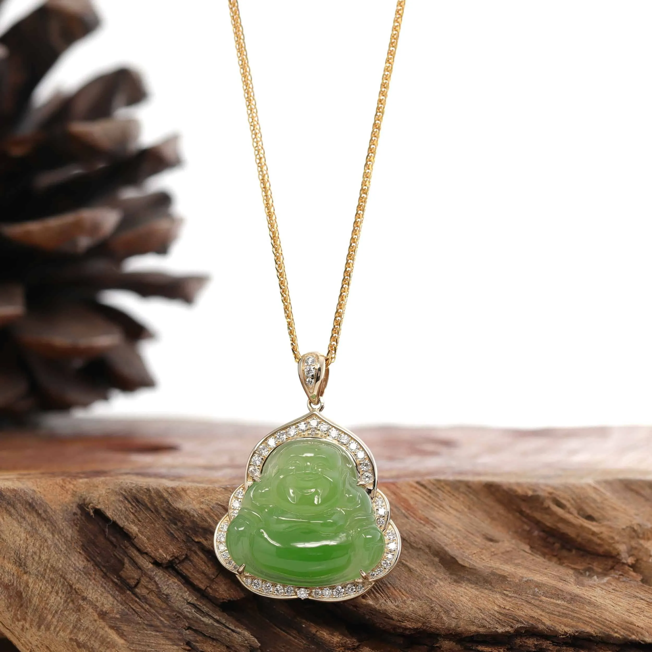 Baikalla "Laughing Buddha" 14k Gold Genuine Nephrite Apple Green Jade with VS1 Diamonds