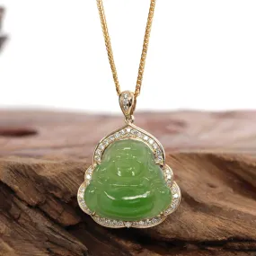 Baikalla "Laughing Buddha" 14k Gold Genuine Nephrite Apple Green Jade with VS1 Diamonds