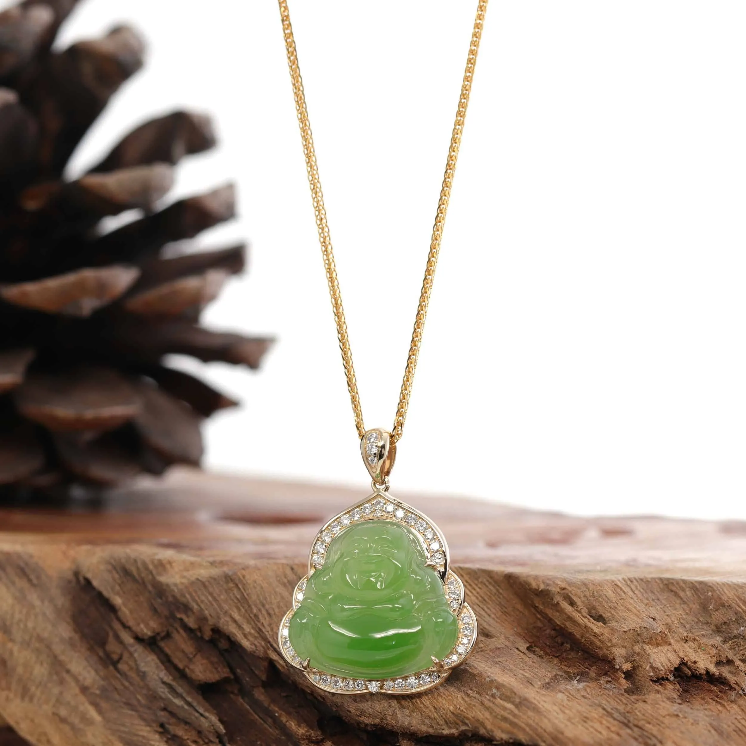 Baikalla "Laughing Buddha" 14k Gold Genuine Nephrite Apple Green Jade with VS1 Diamonds