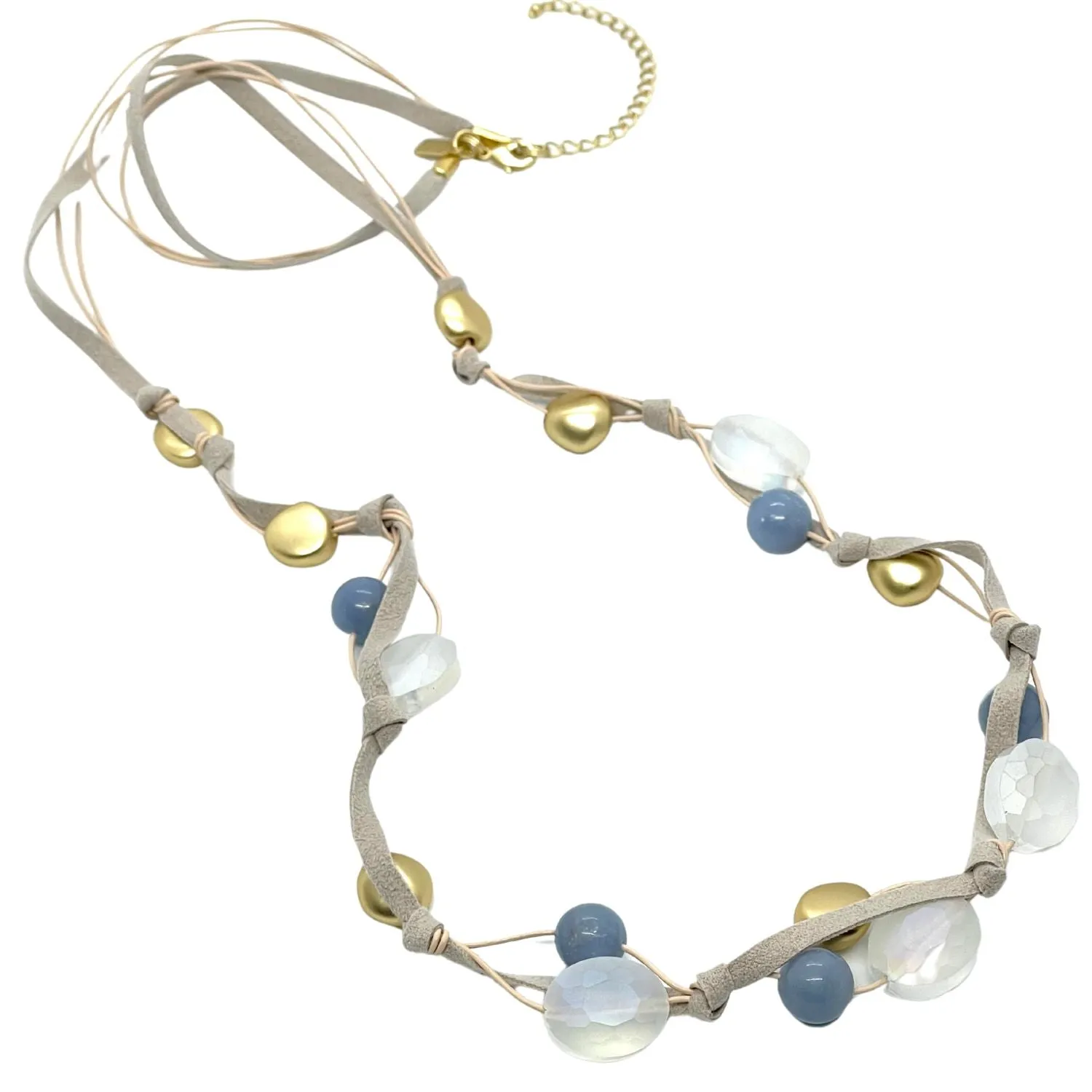 Blue Jade, Matte White Crystal and Matte Gold Bead Long Necklace