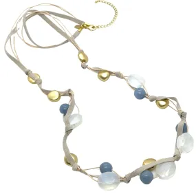 Blue Jade, Matte White Crystal and Matte Gold Bead Long Necklace