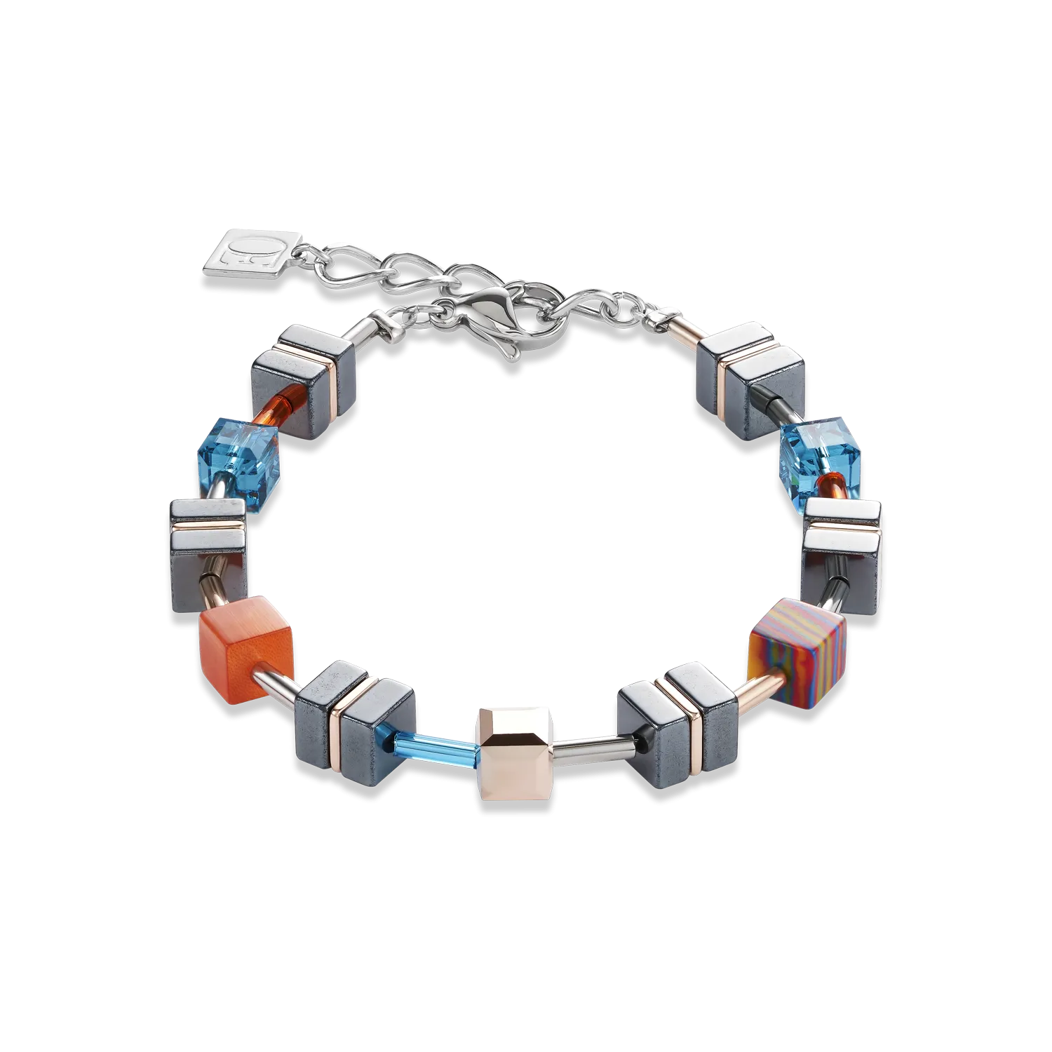 Bracelet GeoCUBE® Haematite, Crystals & synthetic malachite orange-turquoise