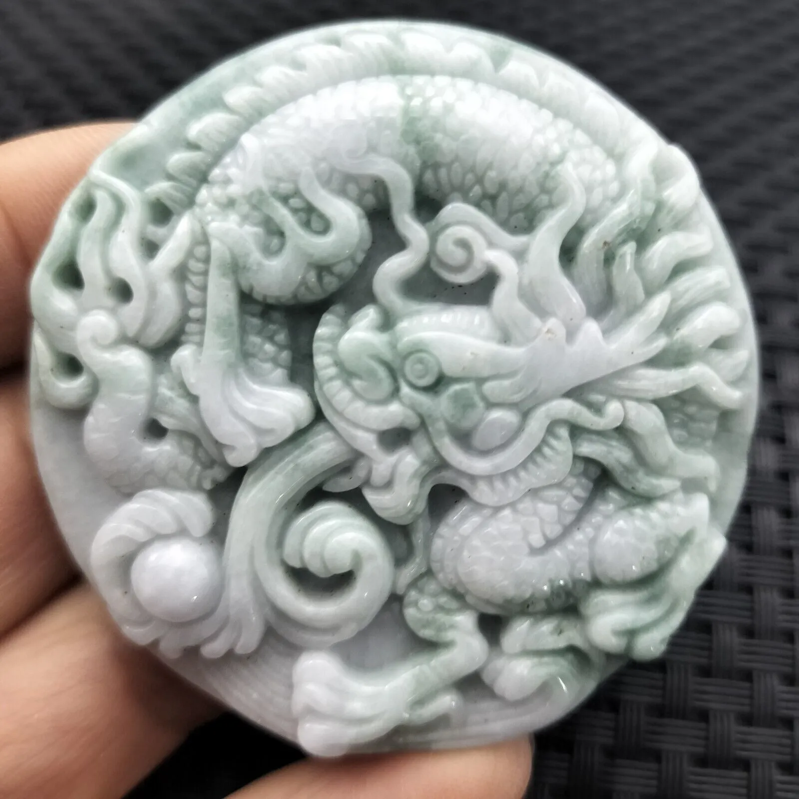 Certified Floral Green Natural Type A Jadeite Carved Dragon Bead Pendant Necklace